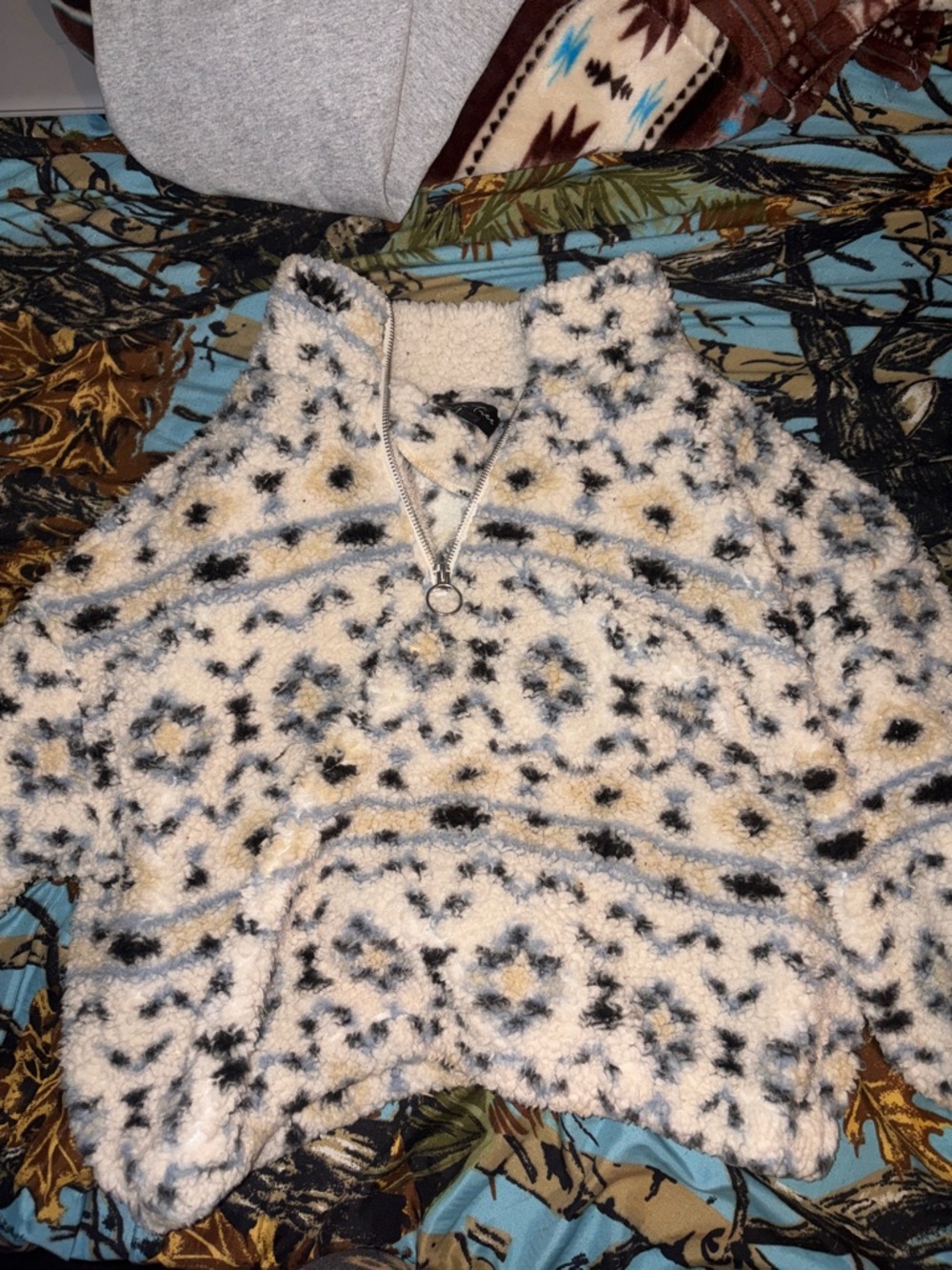 Love Tree Cream Sherpa Cowl Pullover with Black and Gray Spots cropped